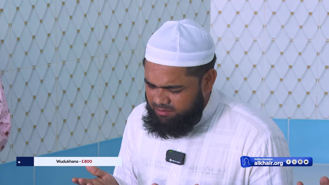 A man in a white cap and shirt, with a dark beard, is looking down with his hands open. A graphic at the bottom of the screen on Iqra TV indicates a donation opportunity for "Wudukhana" in the United Kingdom.
