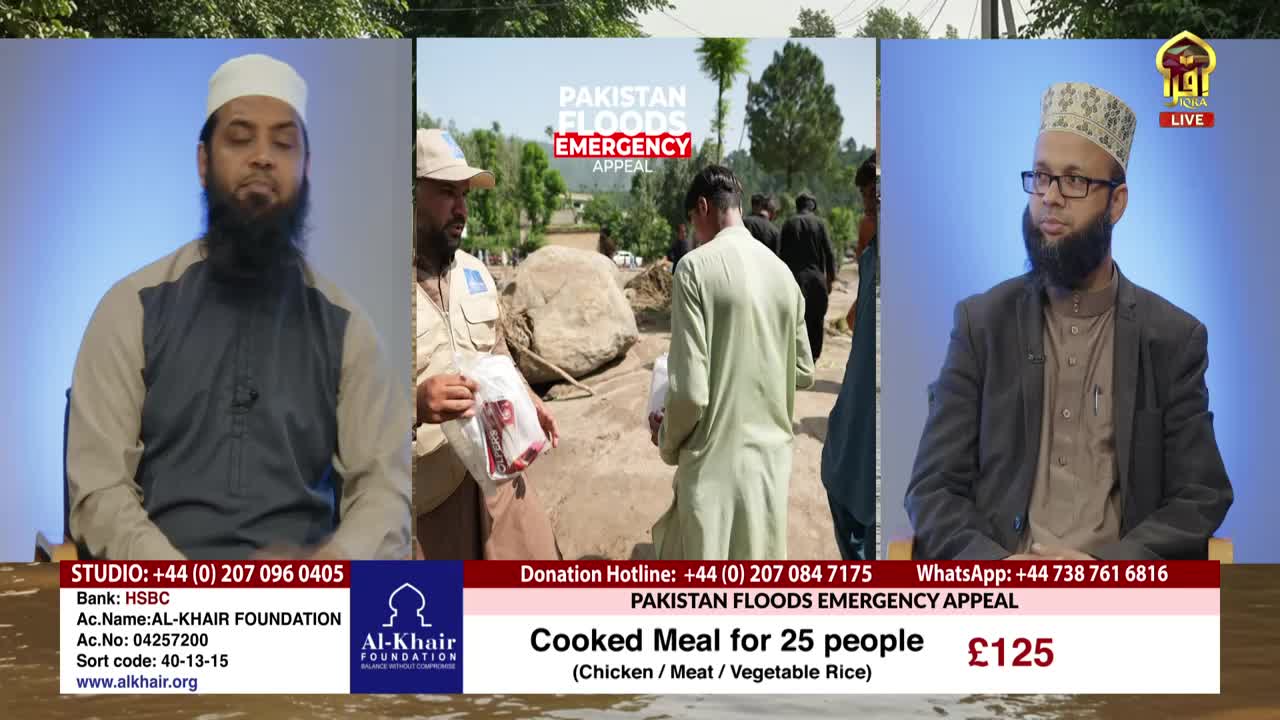 On Iqra TV, two men in traditional dress sit on either side of a screen showing an aid worker handing out supplies in a flood-damaged area. The bottom of the screen advertises a donation appeal from the United Kingdom, for cooked meals.

