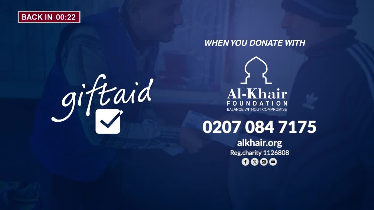 The screen displays a promotion for Al-Khair Foundation, encouraging donations with Gift Aid. A timer in the corner counts down, indicating a return to programming on Iqra TV in the United Kingdom.
