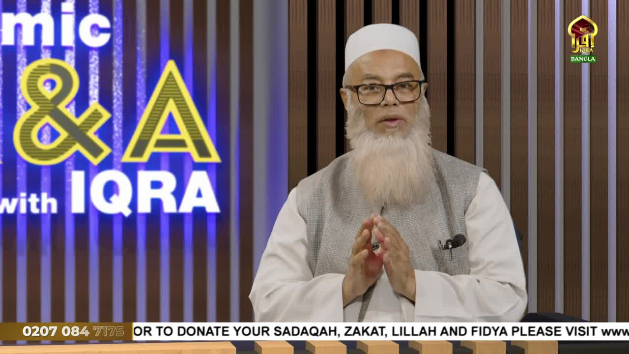 A man with a long white beard and glasses gestures with his hands while speaking on Iqra TV. Behind him, the show's logo, "Islamic Q&A with Iqra," is displayed.

