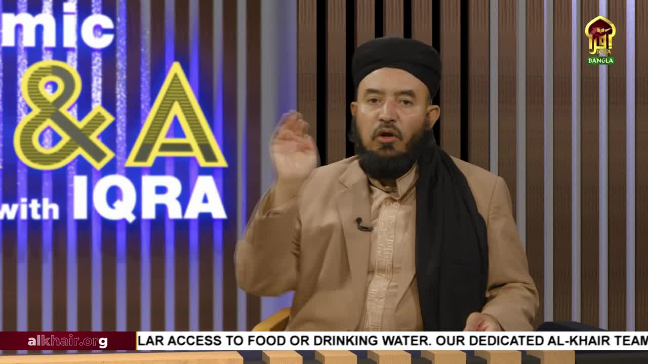 A man in a black turban and beard gestures with his right hand, speaking on a set for Iqra TV. Behind him, the show's title, "Islamic Q&A with Iqra," is displayed.
