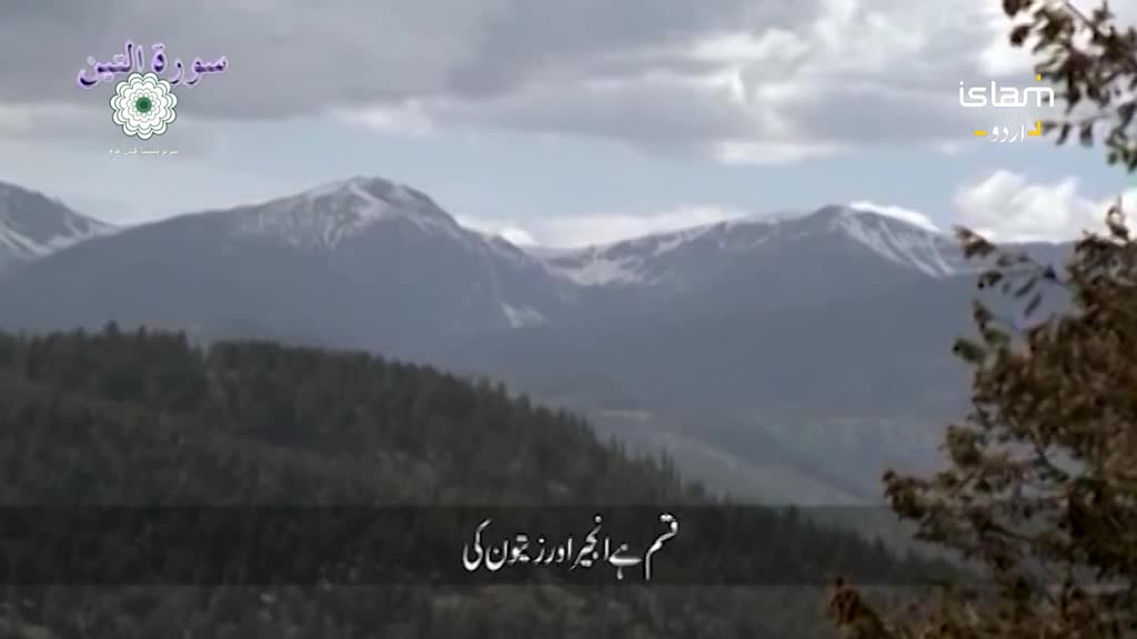 Snow-capped mountains rise in the distance, framed by a cloudy sky. Below, a forest of trees covers the lower slopes, and text in Urdu scrolls across the bottom of the screen.
