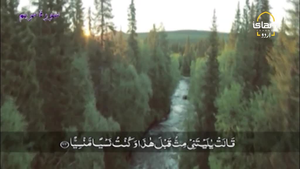 A narrow river winds through a dense forest, reflecting the fading sunlight. Text from Islam Channel Urdu appears at the bottom of the screen, overlaying the natural scene.
