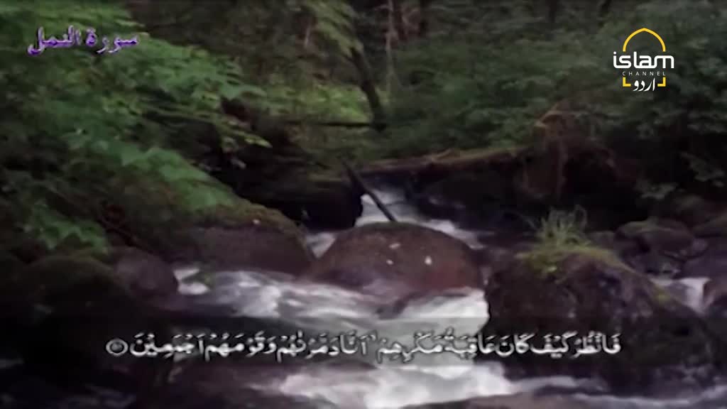 Water rushes over smooth, dark rocks in a stream, framed by lush green foliage. The Islam Channel Urdu logo is visible in the corner, with Arabic script overlaid on the scene.
