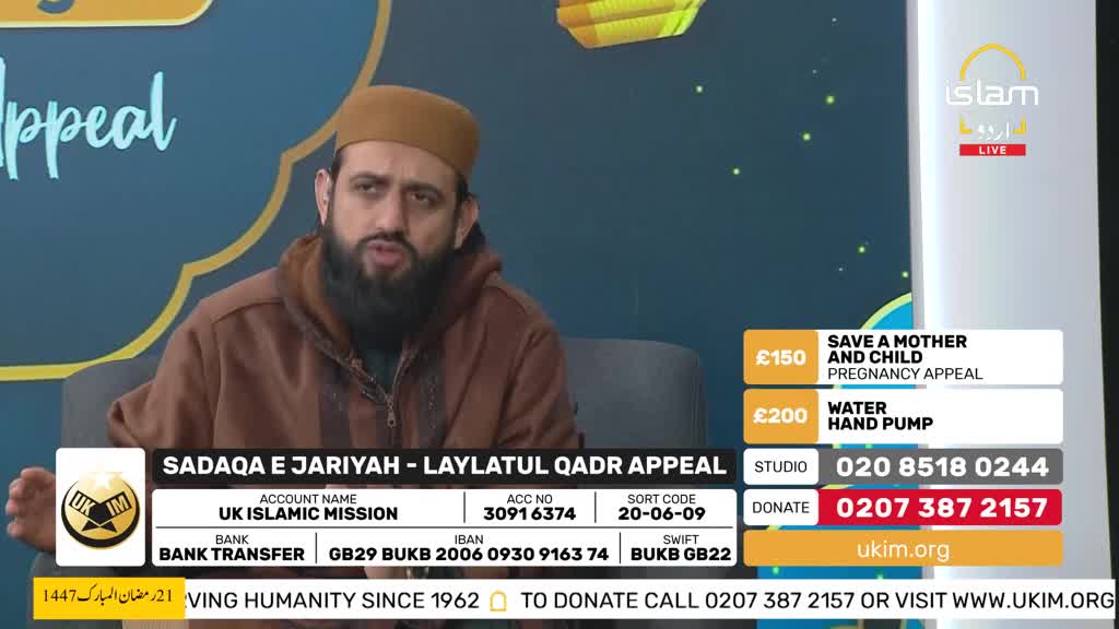 A man with a beard and a brown cap speaks directly to the camera. On the right, donation options are displayed, including "Save a mother and child" for £150 and "Water hand pump" for £200. A man with a beard and a brown cap speaks directly to the camera. On the right, donation options are displayed, including "Save a mother and child" for £150 and "Water hand pump" for £200.