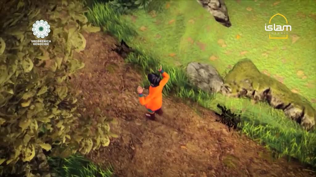 A cartoon figure in an orange outfit kneels on a dirt path, arms raised. The scene, likely from a broadcast on the Islam Channel in the United Kingdom, is set in a grassy, wooded area.
