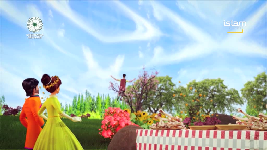 A couple in animated attire, one in orange and the other in green, stroll across a grassy field. Further ahead, a figure with arms outstretched seems to be floating near a flowering tree.
