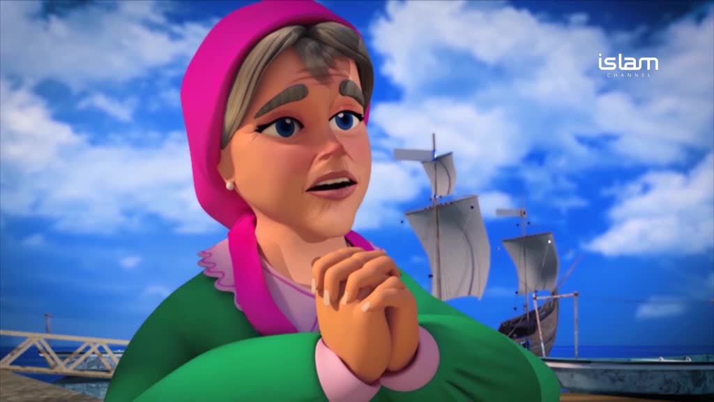 A cartoon woman wearing a pink headscarf and green dress looks on with a worried expression, her hands clasped in front of her. Behind her, sailing ships are visible on a bright blue sea, and the "islam channel" logo is in the upper right corner.
