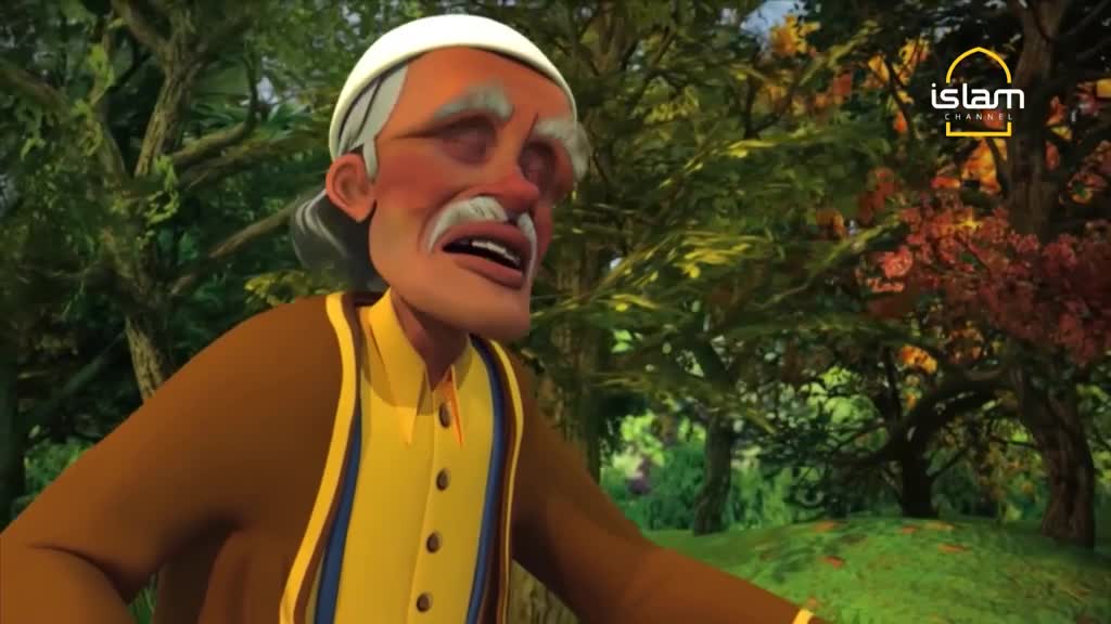 The animated elderly man, wearing a white cap and a yellow shirt, appears to be speaking, his mouth open. Behind him, trees with green and reddish-brown leaves fill the background, and the Islam Channel logo is visible in the corner.
