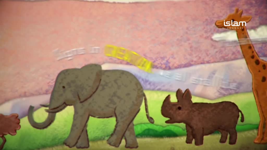 An animated elephant, rhino, and giraffe are walking across the screen, with a yellow banner floating above them. The Islam Channel logo sits in the corner, as the animals seem to be part of a children's program.
