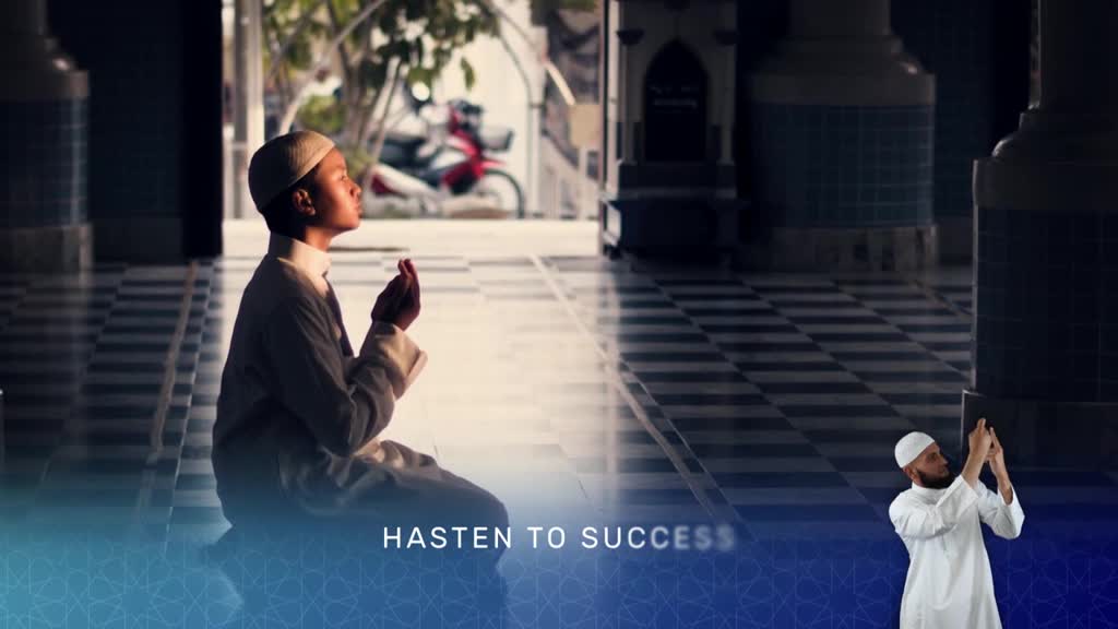 A young boy, dressed in white, kneels in prayer, his hands raised towards the light streaming in from the open doorway. Further back, a man in a similar outfit holds his hands up as if in prayer, too.
