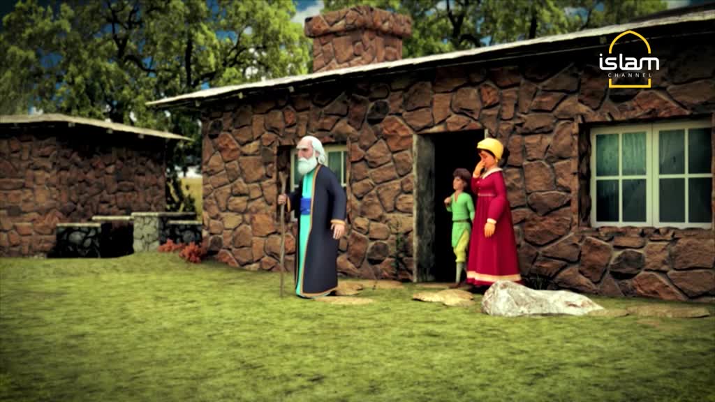 An older man with a long white beard stands outside a stone house, leaning on a staff. A woman and a boy are at the doorway, and the scene has a cartoonish style, likely from a program on the Islam Channel.
