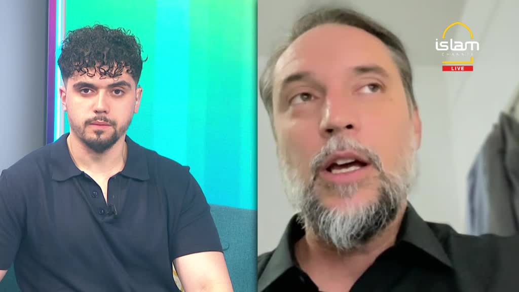 On the left, a young man in a black polo shirt looks directly at the camera. To the right, a man with a salt-and-pepper beard speaks, his gaze directed upwards.
