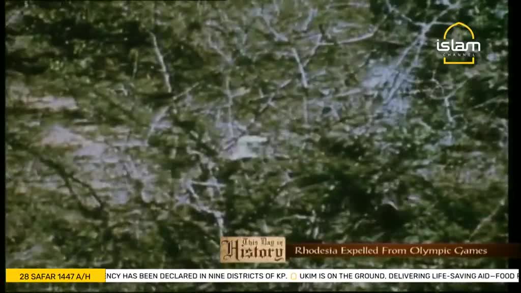 A dense, green landscape fills the screen, with branches and foliage obscuring the view. The Islam Channel logo and text about Rhodesia's expulsion from the Olympics appear at the top and bottom, respectively.

