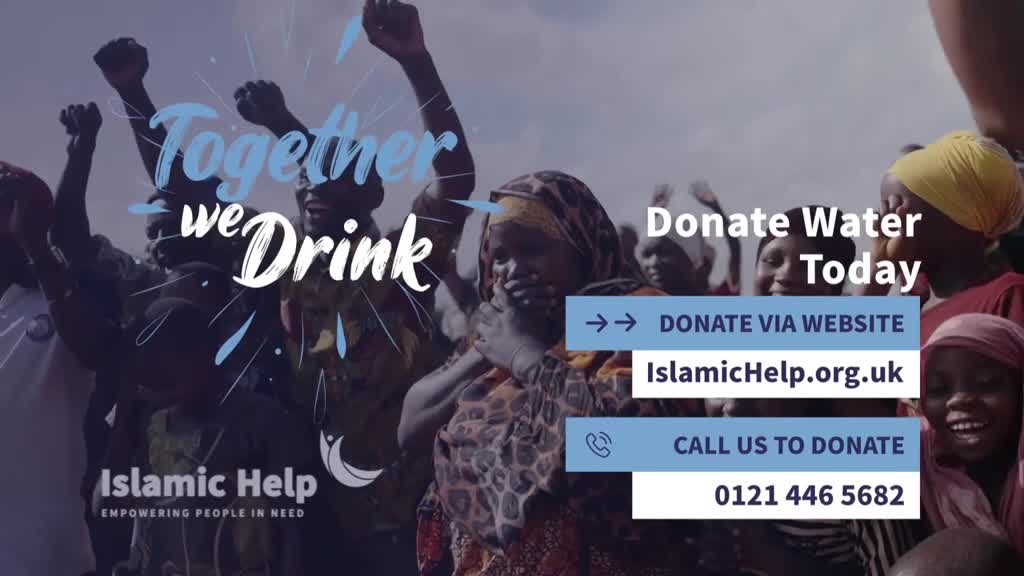 People are raising their arms in celebration, with the words "Together we Drink" splashed across the top. The image promotes Islamic Help, a UK-based charity, and encourages donations for water.
