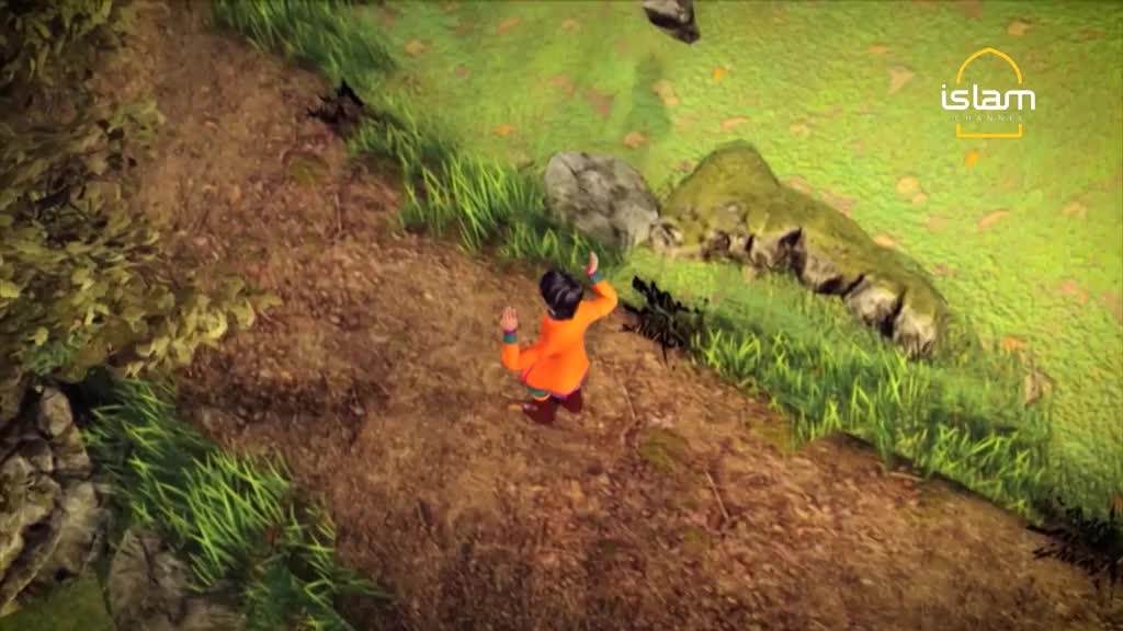 A cartoon figure in an orange outfit walks along a dirt path, arms raised. The scene is set outdoors, with green grass and rocks bordering the trail.
