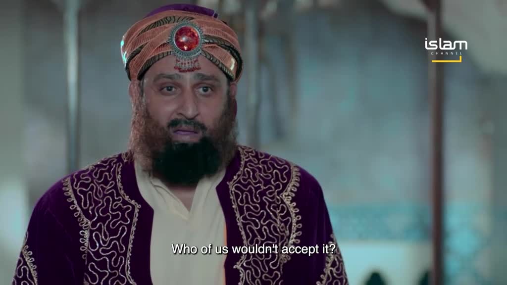 A man in a turban and ornate robe looks directly at the camera, his expression serious. The Islam Channel logo is visible in the corner, and subtitles ask, "Who of us wouldn't accept it?"
