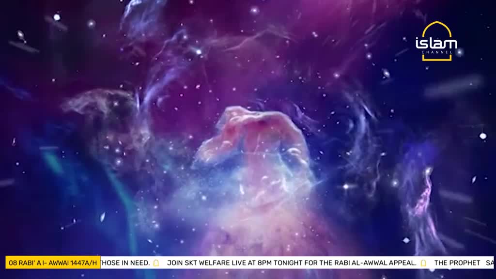 A swirling cosmic scene, dominated by purples and blues, fills the screen. The Islam Channel logo sits in the upper right corner, while a lower banner advertises a live event.
