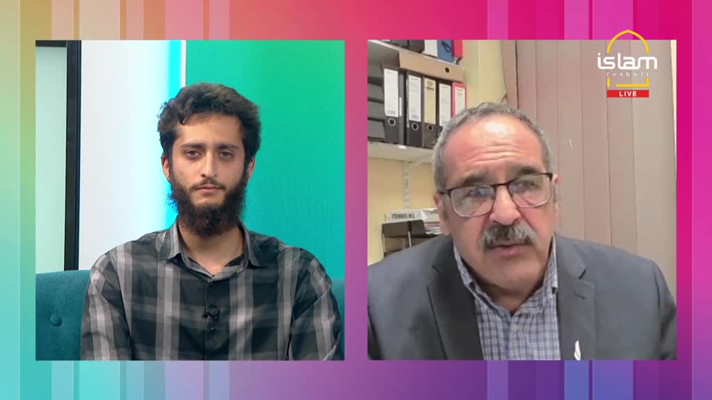 Two men are on screen, each in a separate frame, as if they're on a video call. One, with a beard, sits in front of a colorful backdrop, while the other, wearing glasses, speaks from what looks like an office, with the Islam Channel logo in the corner.

