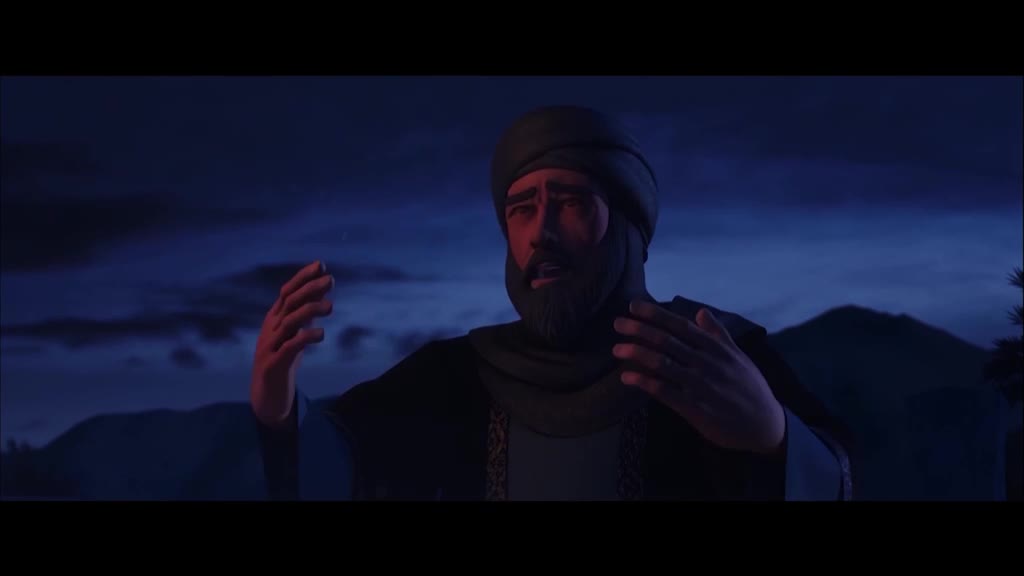 A man in a turban and dark robes gestures with his hands, speaking with visible emotion. The sky behind him is a deep blue, and the scene is lit by an unseen fire.
