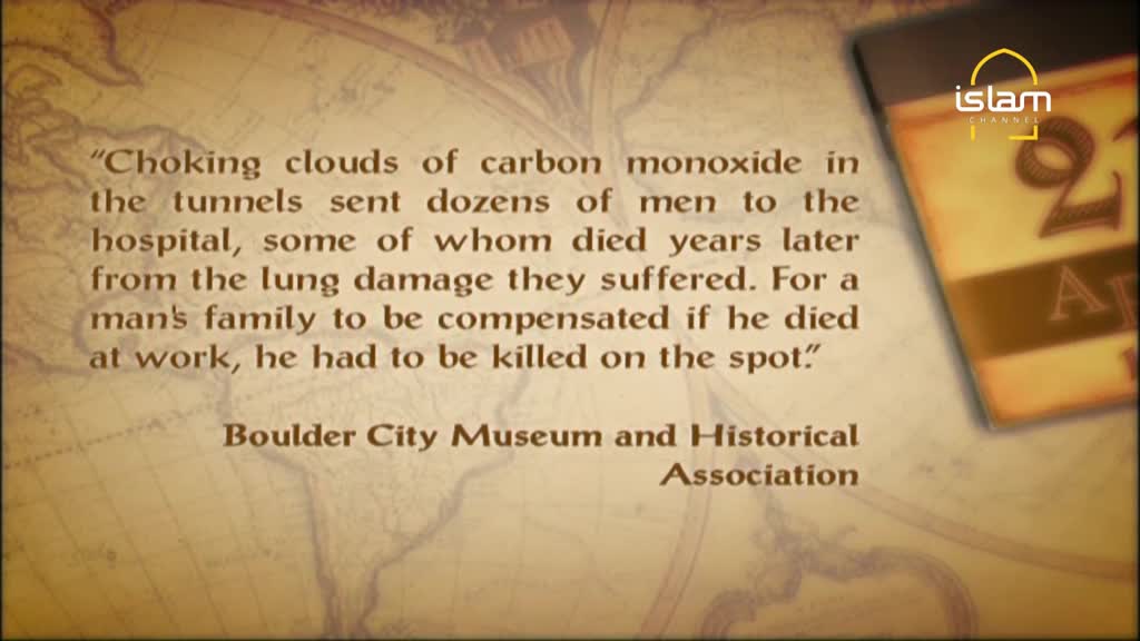 A quote about carbon monoxide poisoning fills the screen, set against a faded map background. The Islam Channel logo sits in the upper right corner, next to a calendar page.
