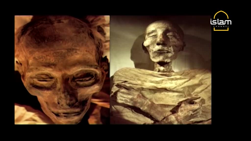 Two mummified faces are displayed side-by-side, their features still visible despite the passage of time. The Islam Channel logo sits in the corner, a reminder of the program's focus.
Two mummified faces are displayed side-by-side, their features still visible despite the passage of time. The Islam Channel logo sits in the corner, a reminder of the program's focus.