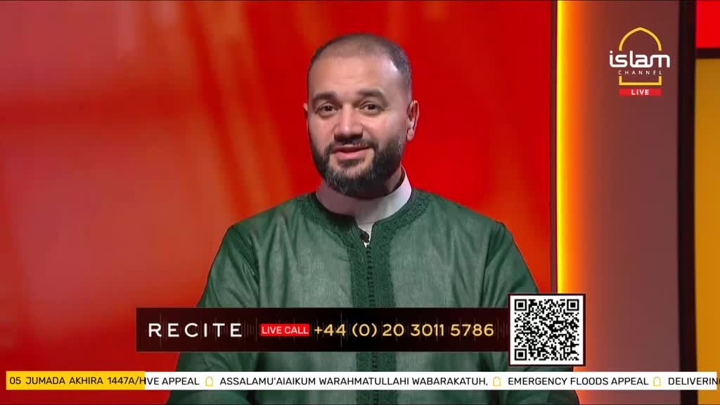 A man in a green tunic is speaking directly to the camera, his gaze steady. The Islam Channel logo is visible in the corner, and a phone number for live calls is displayed below.
