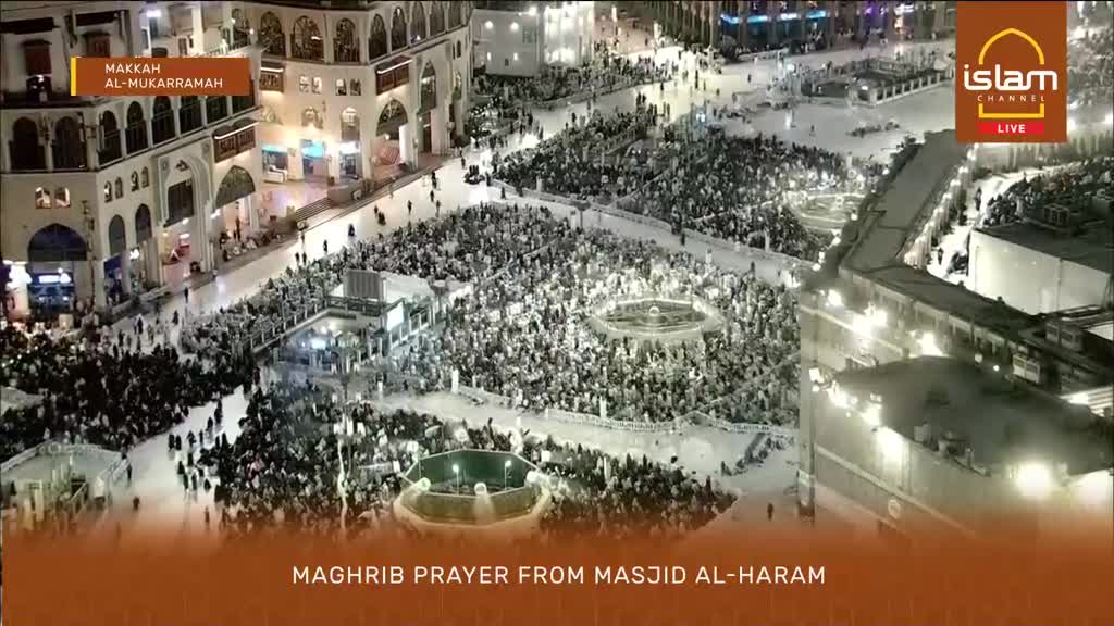 Thousands of people gather for Maghrib prayer at Masjid Al-Haram in Makkah Al-Mukarramah. The Islam Channel is broadcasting the event live from this sacred location.
