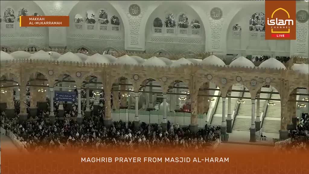A vast crowd gathers for Maghrib prayer at Masjid Al-Haram in Makkah. The Islam Channel broadcasts the event live from the holy site.