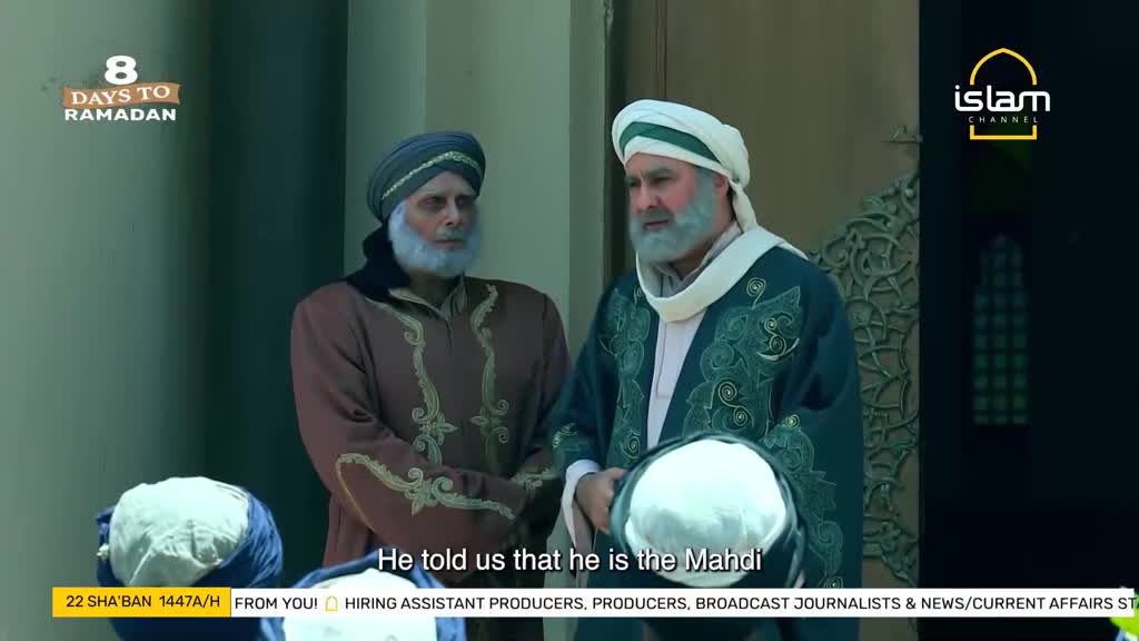 Two men in traditional attire stand facing each other, their white turbans stark against their beards. The Islam Channel logo is visible in the background, with a countdown to Ramadan displayed.