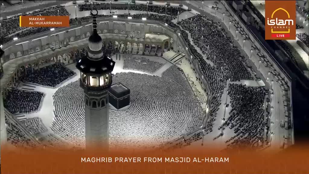 Thousands are gathered in prayer around the Kaaba, their white garments forming concentric circles. The Islam Channel is broadcasting this Maghrib prayer live from Masjid Al-Haram in Makkah Al-Mukarramah.