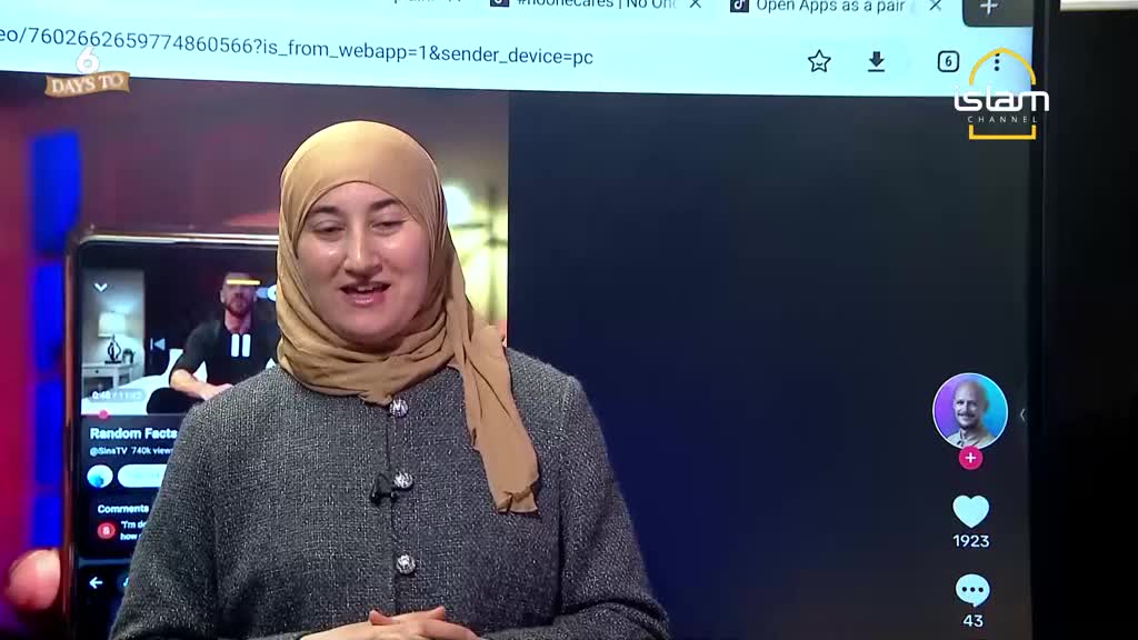 A woman in a hijab speaks to the camera, her grey jacket adorned with two silver buttons. Beside her, a large screen displays a TikTok video, featuring a man in a bedroom and the Islam Channel logo.