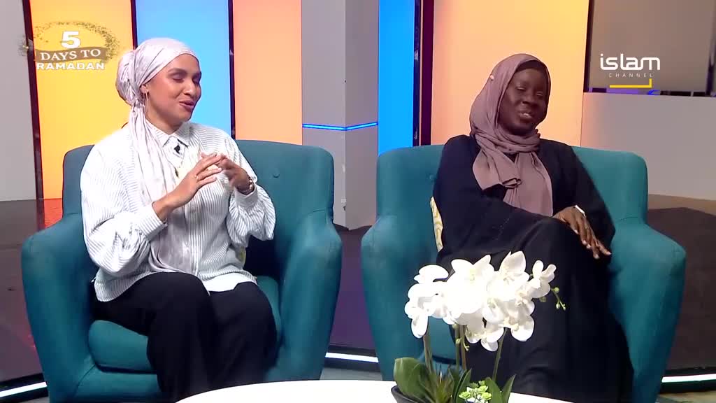 Two women sit in teal armchairs, one speaking animatedly with her hands clasped. Behind them, a screen displays "5 Days to Ramadan" alongside the Islam Channel logo.