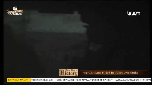 A grainy, dark image flickers on the screen, showing indistinct shapes that might be buildings. A banner at the bottom reads "Iraq: Civilians Killed In Allied Air Strike."