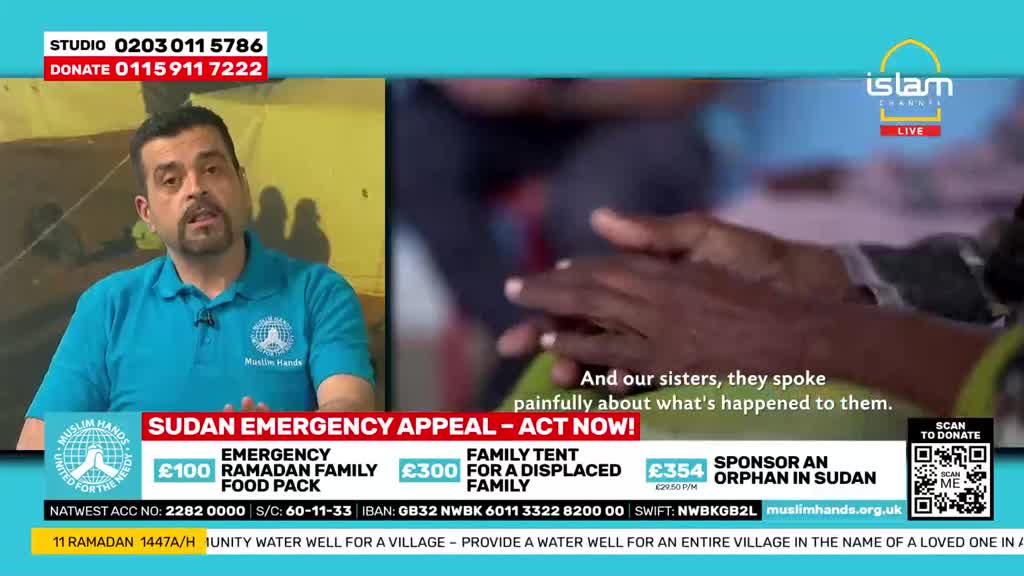 A man in a blue shirt speaks passionately, his hands gesturing. On the screen, hands are clasped, and text announces a Sudan Emergency Appeal.