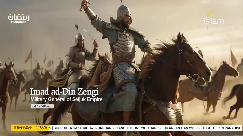 A man in chainmail armor, sword raised, rides a powerful horse forward. Behind him, a line of similarly clad riders advances across a dusty plain.