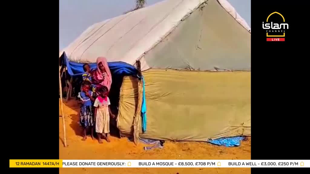 A woman in a pink headscarf stands with three young children outside a large tent. The Islam Channel logo appears on the right side of the screen.