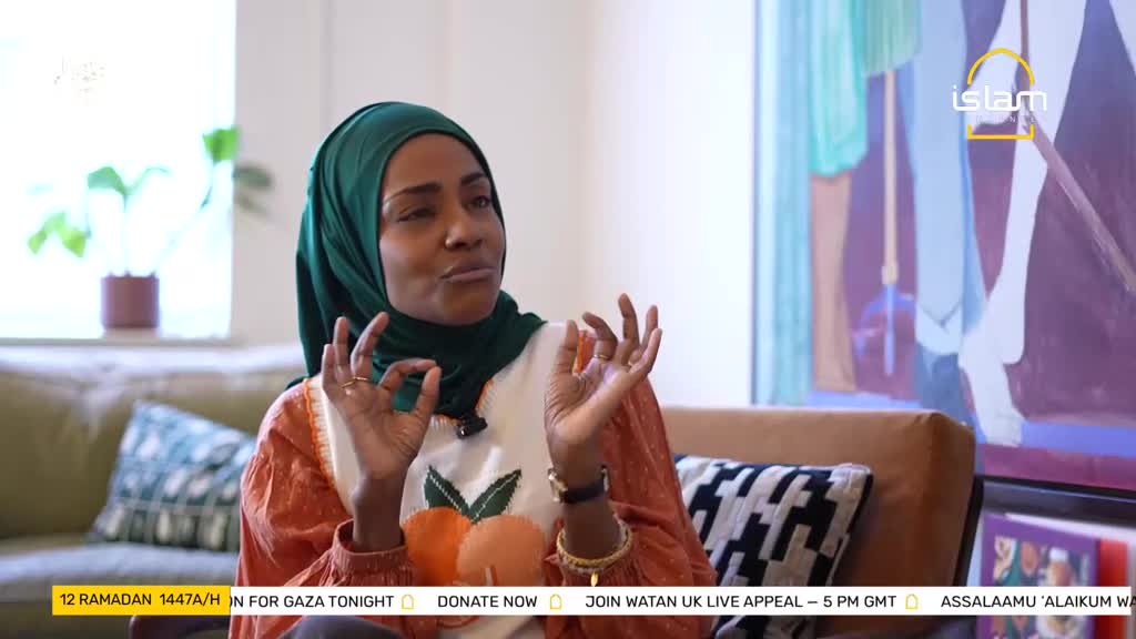 A woman wearing a green hijab gestures with both hands, her fingers forming small circles. The Islam Channel logo is visible in the background, alongside text indicating a live appeal in the United Kingdom.