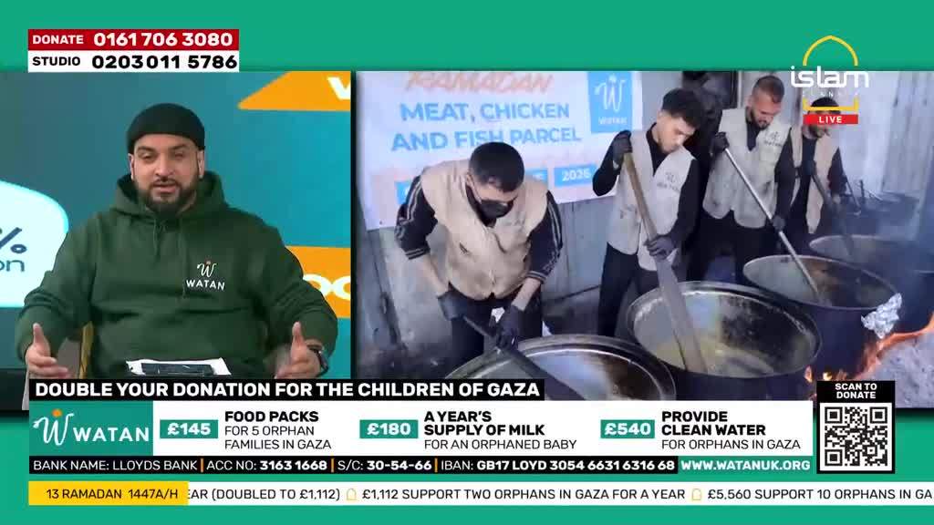 Men stir large pots of food over flames, preparing meals for distribution. A presenter on a UK television channel, Islam Channel, speaks about doubling donations for children in Gaza.