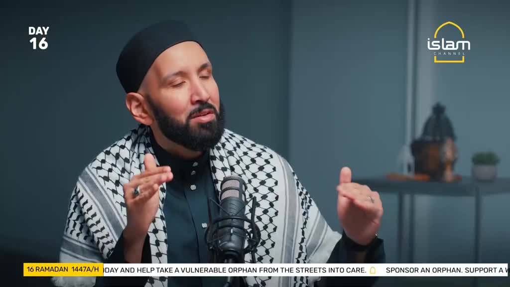 A man with a beard, wearing a black cap and a keffiyeh, gestures with his hands while speaking into a microphone. The Islam Channel logo appears in the upper right corner, and text at the bottom indicates it's Day 16 of Ramadan.