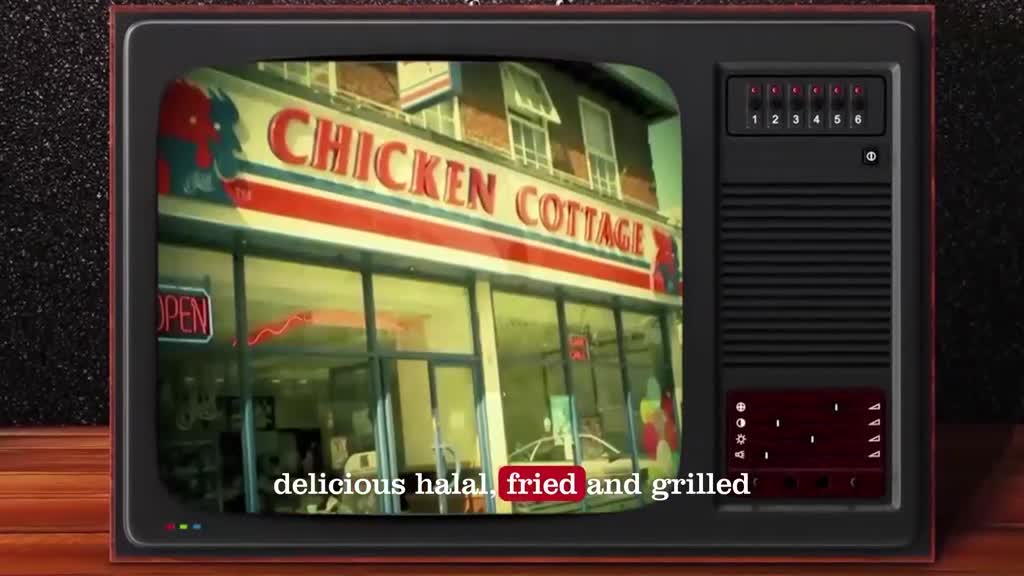 The Chicken Cottage sign glows above the shopfront. Text on the screen promises delicious halal fried and grilled food.
