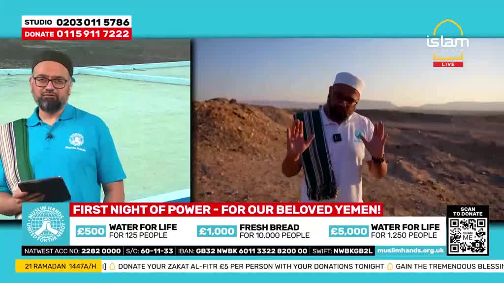 A man in a white cap and glasses stands on a rooftop, holding a tablet. To his right, on a split screen, another man in a white cap gestures with his hands in a dry, hilly landscape.