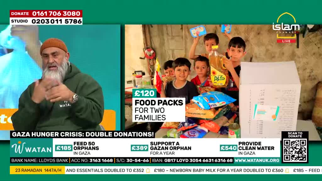 Children in Gaza hold up food supplies, a large bottle of oil, and a box. A man with a beard, wearing a green hoodie and an orange hat, speaks with his hands animated on the left side of the screen.