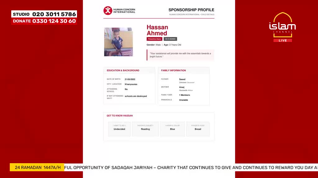 A sponsorship profile for a child named Hassan Ahmed is displayed on screen. The Islam Channel logo is visible in the top right corner.