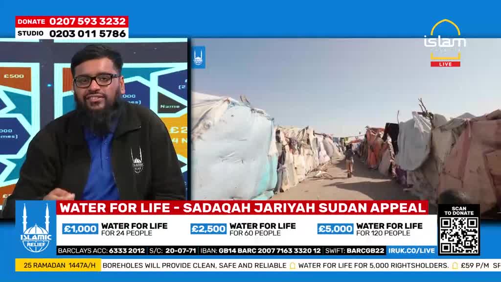 A man with a beard and glasses speaks from a studio, while a scene of makeshift shelters unfolds behind him. The Islam Channel logo is visible in the corner.