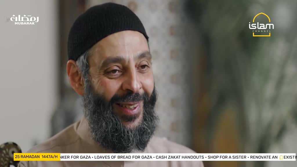 A man with a beard and a black cap smiles, his eyes crinkling at the corners. The Islam Channel logo appears in the upper right corner, with text about Ramadan donations at the bottom.
