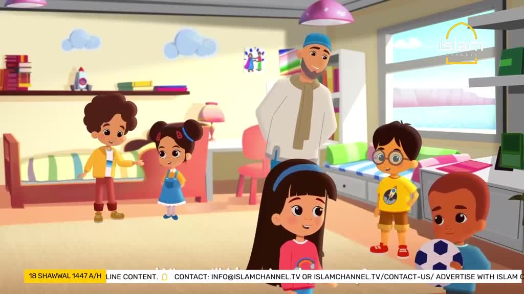 A man in a white thawb stands with a group of children in a brightly lit room. One boy holds a soccer ball, while another points towards a girl in a blue dress.