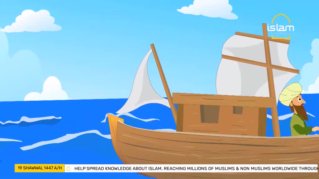 A wooden boat with white sails cuts through the blue sea. A man in a green tunic and turban steers from the stern. A wooden boat with white sails cuts through the blue sea. A man in a green tunic and turban steers from the stern.