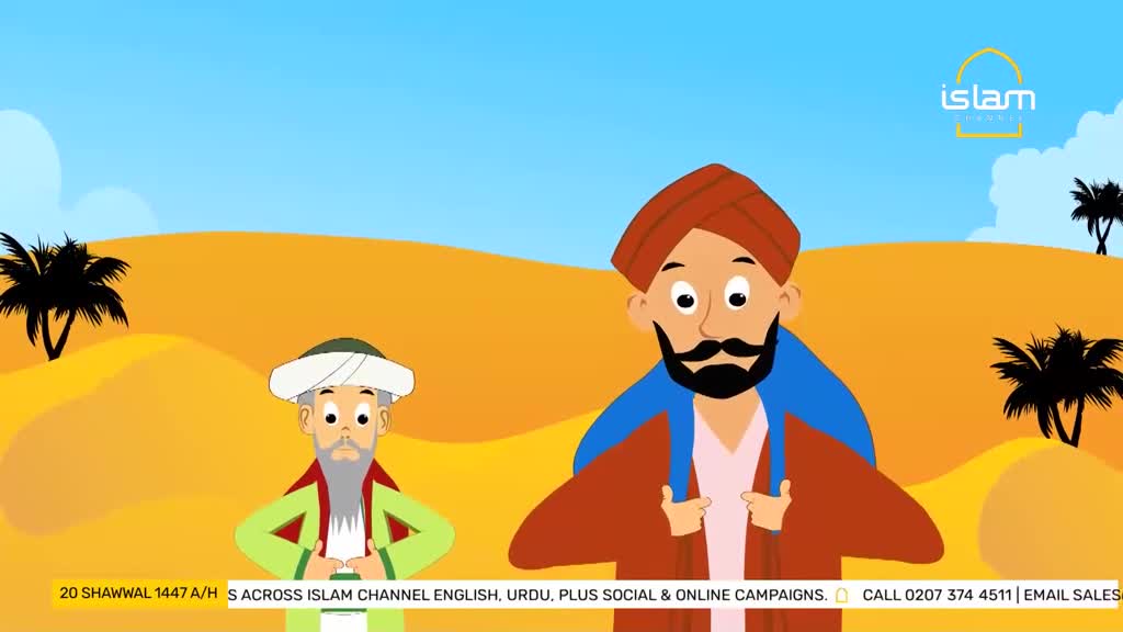 Two men stand in a desert landscape, one with a white turban and the other with a red one. Palm trees dot the sandy dunes under a bright blue sky. Two men stand in a desert landscape, one with a white turban and the other with a red one. Palm trees dot the sandy dunes under a bright blue sky.