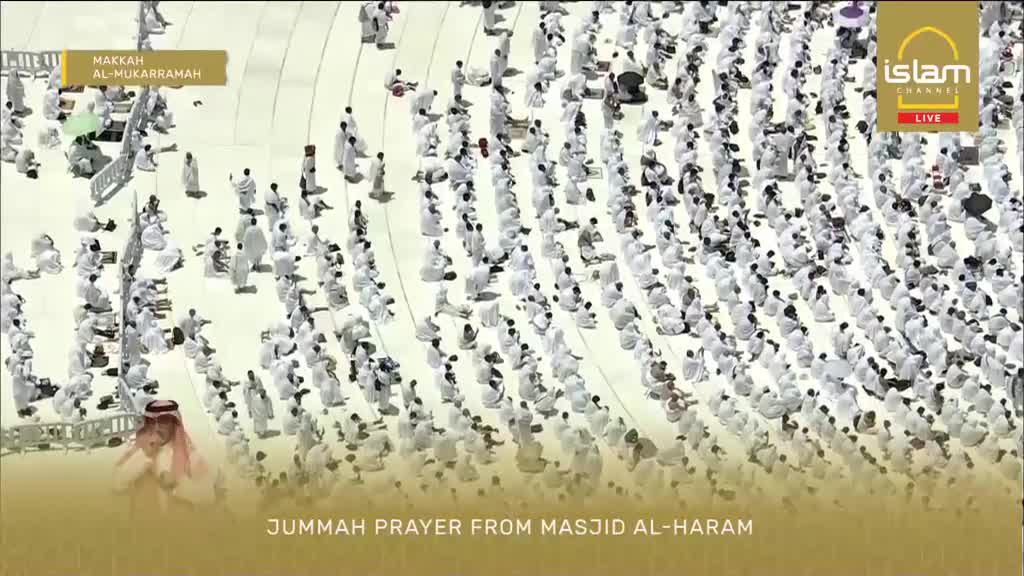 Thousands of people in white garments are gathered in rows for prayer in Makkah. The Islam Channel is broadcasting the Juma'ah prayer from Masjid al-Haram. Thousands of people in white garments are gathered in rows for prayer in Makkah. The Islam Channel is broadcasting the Juma'ah prayer from Masjid al-Haram.